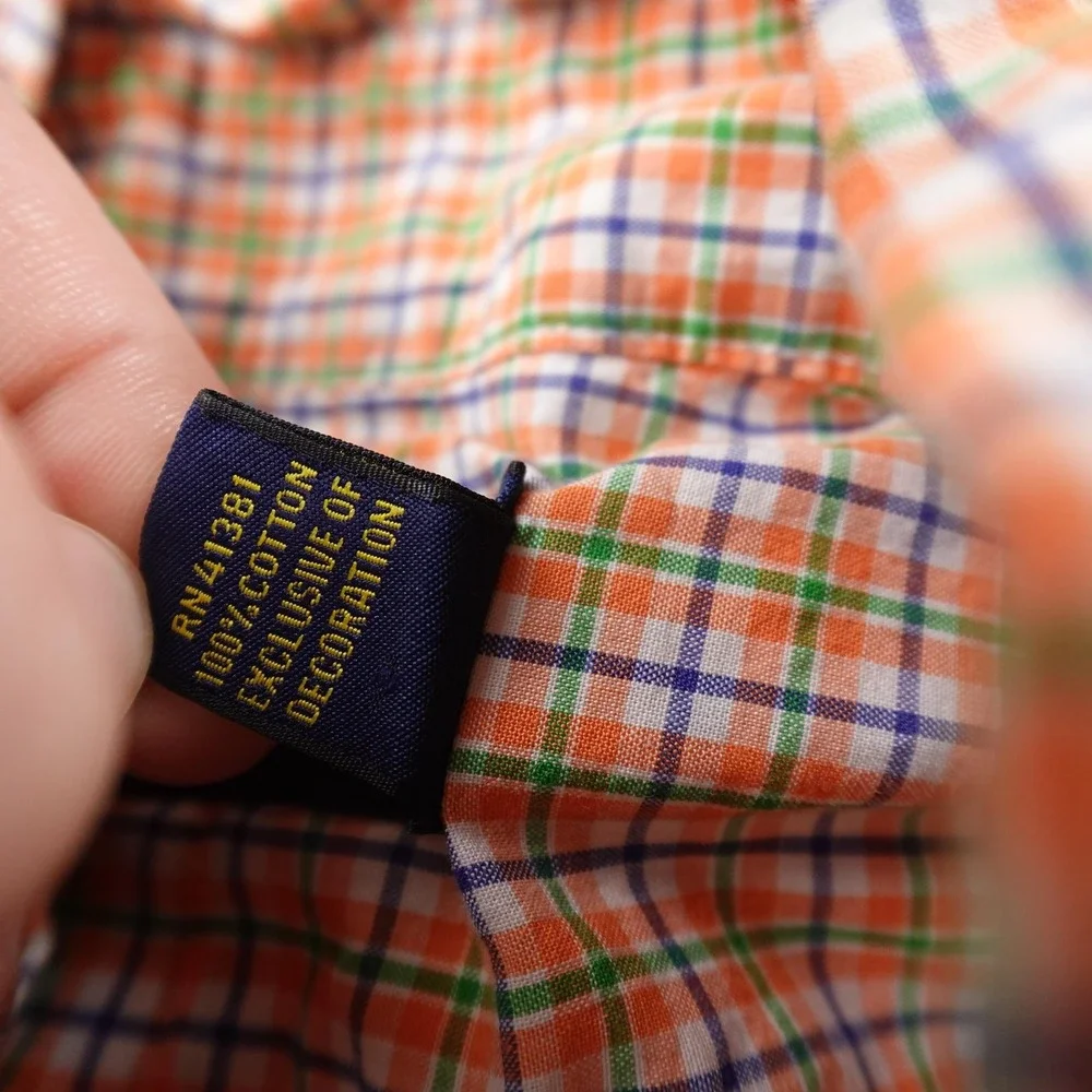 Ralph Lauren Shirt Mens S Orange Green Check Pony Button Up Long Sleeve Preppy‎